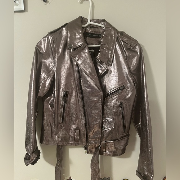 New. Tags on. ZARA leather metallic moto jacket. Size L - Picture 1 of 4